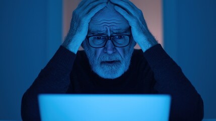 An elderly man looks anxious and distressed while staring at a computer screen in a dimly lit room, highlighting feelings of frustration and confusion.