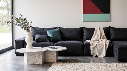 Generative AI, Modern close-up of a velvet sofa with geometric art and minimalist decor