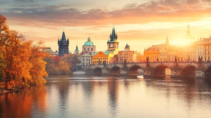 Fototapeta premium Prague Autumn Sunrise over Vltava River. Scenic European Cityscape.