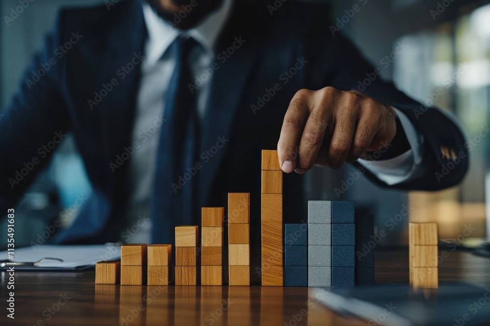 Poster Man builds wooden block bar graph on desk.
