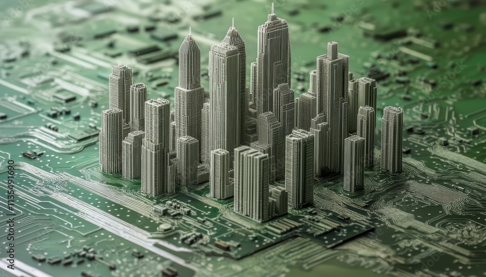 Poster futuristic city skyline on a 3d printed circuit board utilizing advanced printing technology