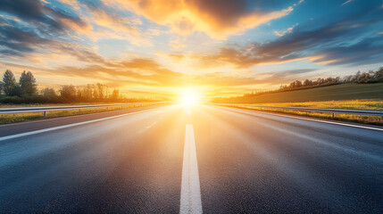 Driving on an empty road towards the setting sun.