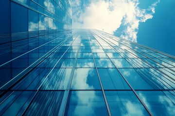 Modern Skyscraper Glass Facade Reflecting Clouds. Concept of Urban Architecture, Business, and Modernity.