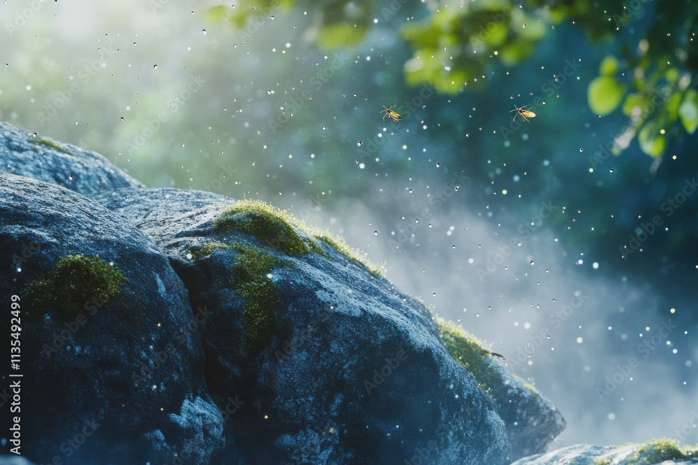 Aufkleber misty forest scene with sparkling particles and two small insects flying.