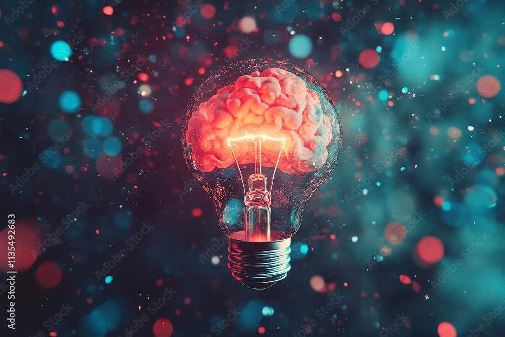 Poster creative photography concept with brain and light bulb illustration using generative ai techniques