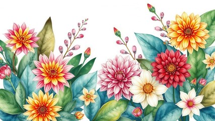 Vibrant watercolor illustration of assorted flowers including roses, dahlias, and daisies, vibrant, roses