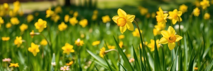 Vibrant yellow daffodil flowers blooming in a lush green field under the warm sunlight, yellow, field