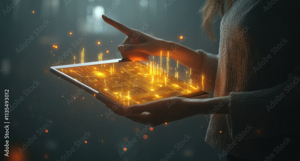 Poster woman using glowing digital tablet with augmented reality.