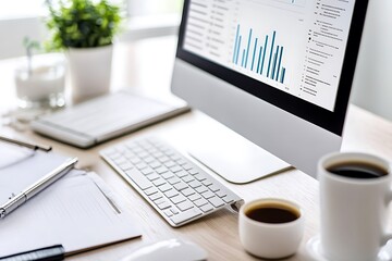 Obraz premium Modern office workspace with computer and data analysis. Concept of business, productivity, and data.