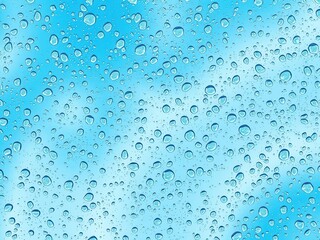 Water drops in various sizes and shapes scattered on a vibrant blue background creating a mesmerizing and refreshing image, droplets, purity