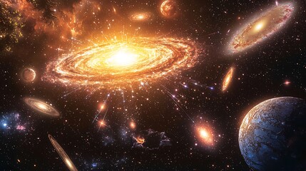 Obraz premium A vibrant depiction of a galaxy's core, showcasing swirling energy and celestial bodies.