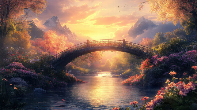 A bridge over the river, surrounded by flowers and trees, the sunset light shines on it