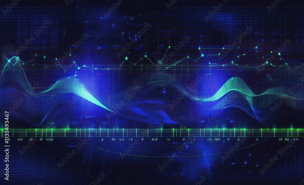 Leinwandbilder Abstract data visualization with layered graphs and charts in blue and green tones.