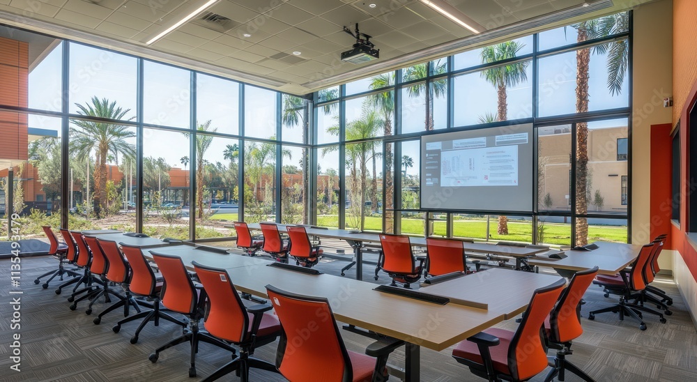 Poster bright empty meeting room with large windows, projector screen.