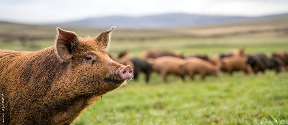 Aufkleber pig in foreground, herd in background on grass with mountains.
