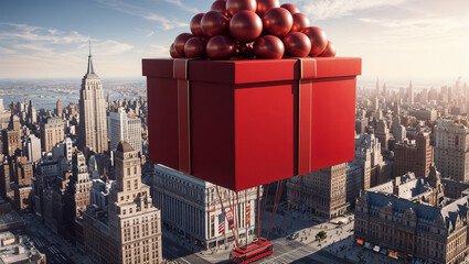 Luxurious red box with glossy lips, floating above New York City