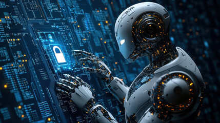 Fototapeta premium A robot is holding in its hand and touching a digital holographic padlock with a blue circuit board background
