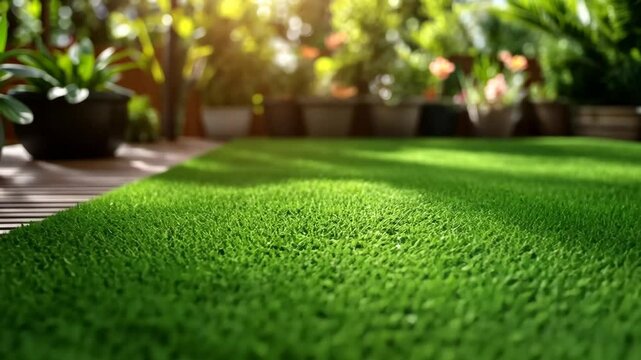 Lush green artificial turf in a serene outdoor garden setting during golden hour