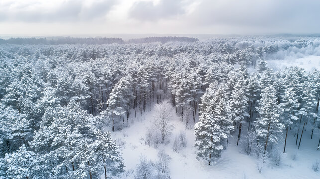 A drone photo capturing snow-covered evergreen trees after a winter blizzard in Lithuania.