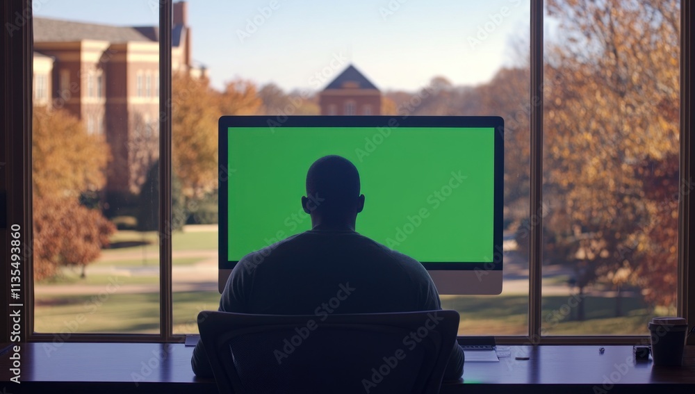 Poster person working on green screen monitor with fall background view.