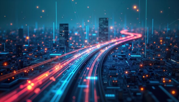 Digital tech roadmap for business progress. Cityscape background with glowing lines representing data flow. Modern tech integration. Organizational innovation visualized. Business modernization
