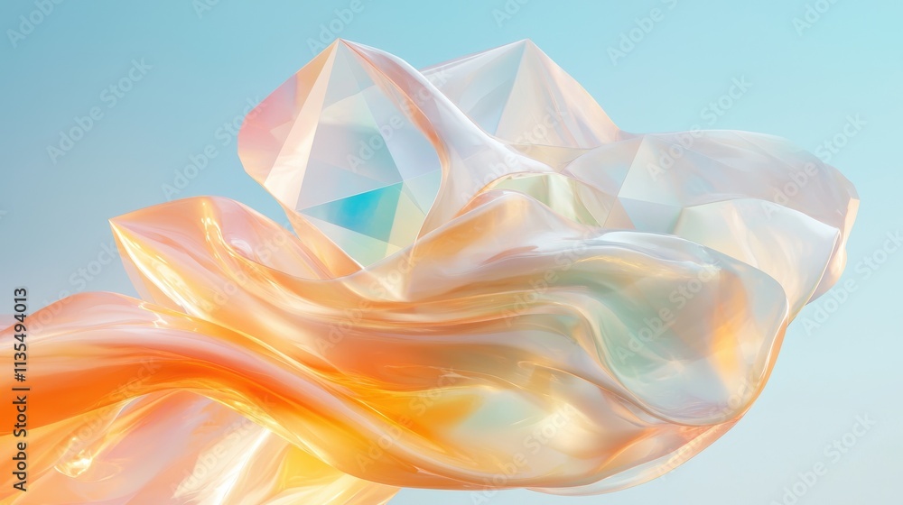 Poster dynamic prismatic abstract art a rotating galaxy of translucent forms in a light-filled environment