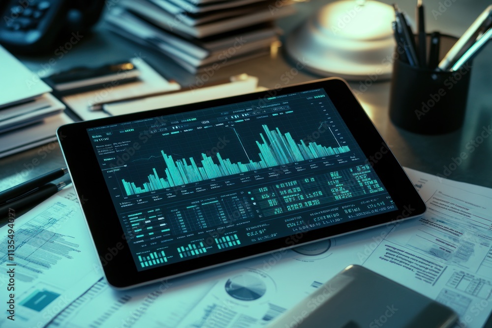 Aufkleber tablet shows stock market data on a cluttered desk.