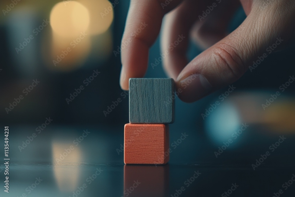 Aufkleber hand stacking two wooden blocks on reflective surface.