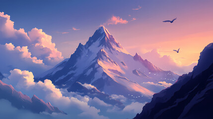 The peak of a natural mountain soaring high into the sky with white clouds floating all over the mountain. the photo is inspiring and imaginative. Nightfall. Illustration