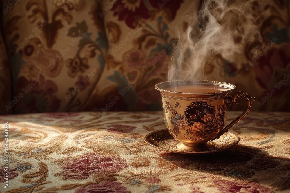 Poster steaming teacup on floral patterned surface.