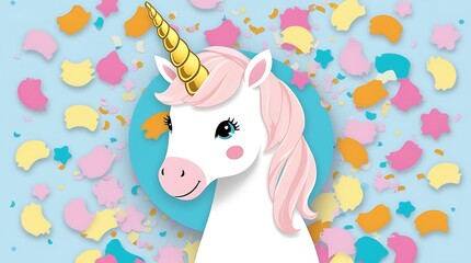 agical unicorn portrait radiating enchantment, surrounded by subtle confetti. The scene captures a dreamy, whimsical atmosphere, perfect for celebrating fantasy and wonder with a touch of elegance.