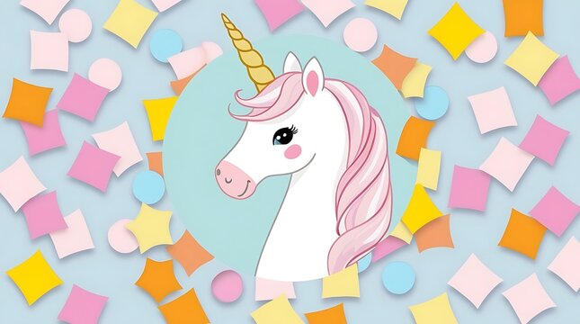 agical unicorn portrait radiating enchantment, surrounded by subtle confetti. The scene captures a dreamy, whimsical atmosphere, perfect for celebrating fantasy and wonder with a touch of elegance.