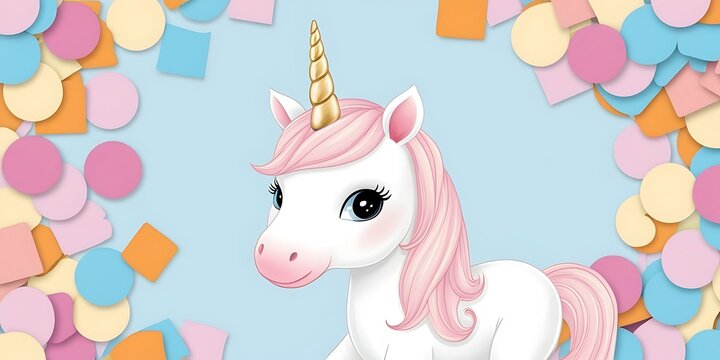 agical unicorn portrait radiating enchantment, surrounded by subtle confetti. The scene captures a dreamy, whimsical atmosphere, perfect for celebrating fantasy and wonder with a touch of elegance.
