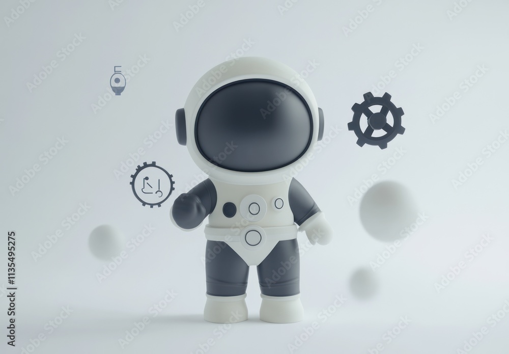 Aufkleber astronaut standing with floating gears and science icons on white background.