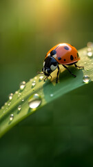 Fototapeta premium Ladybug with Dew on Leaf