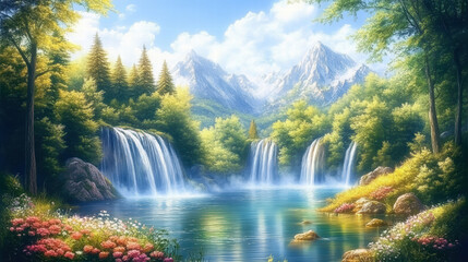 Fototapeta premium A beautiful painting of waterfalls in the forest, with mountains and green trees in the background