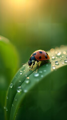 Fototapeta premium Close-Up of a Ladybug on a Dewy Leaf