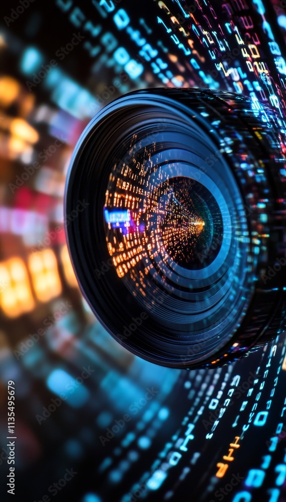 Poster the fusion of technology and visual media a camera lens capturing a stream of binary code