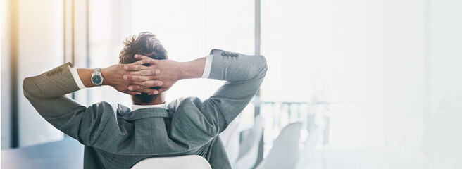 Relax, back and done with business man in office for satisfaction, resting and calm. Finish, pride...