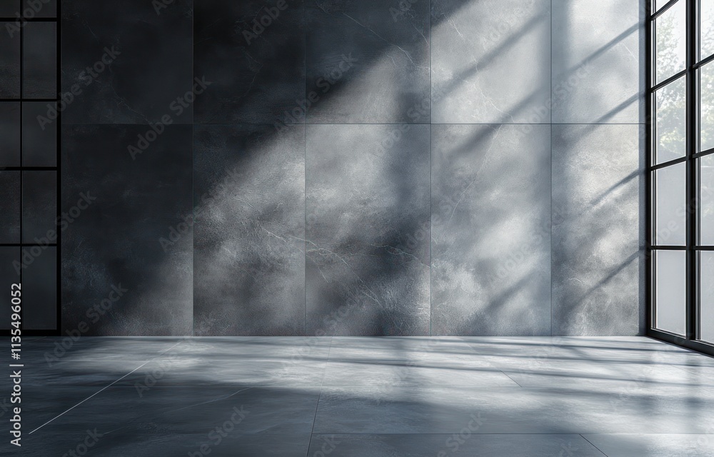 Poster light streams on marble walls and floor through window.