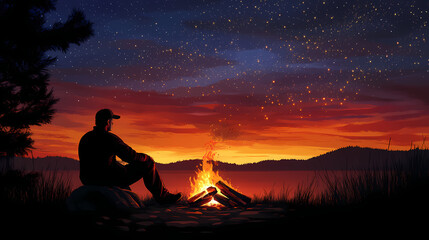 Silhouette of a senior man by a campfire. Nightfall. Illustration