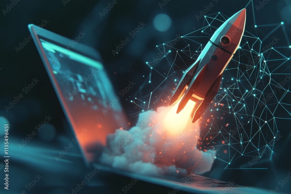 Aufkleber abstract rocket launch from laptop in low poly style with geometric background and wireframe lights