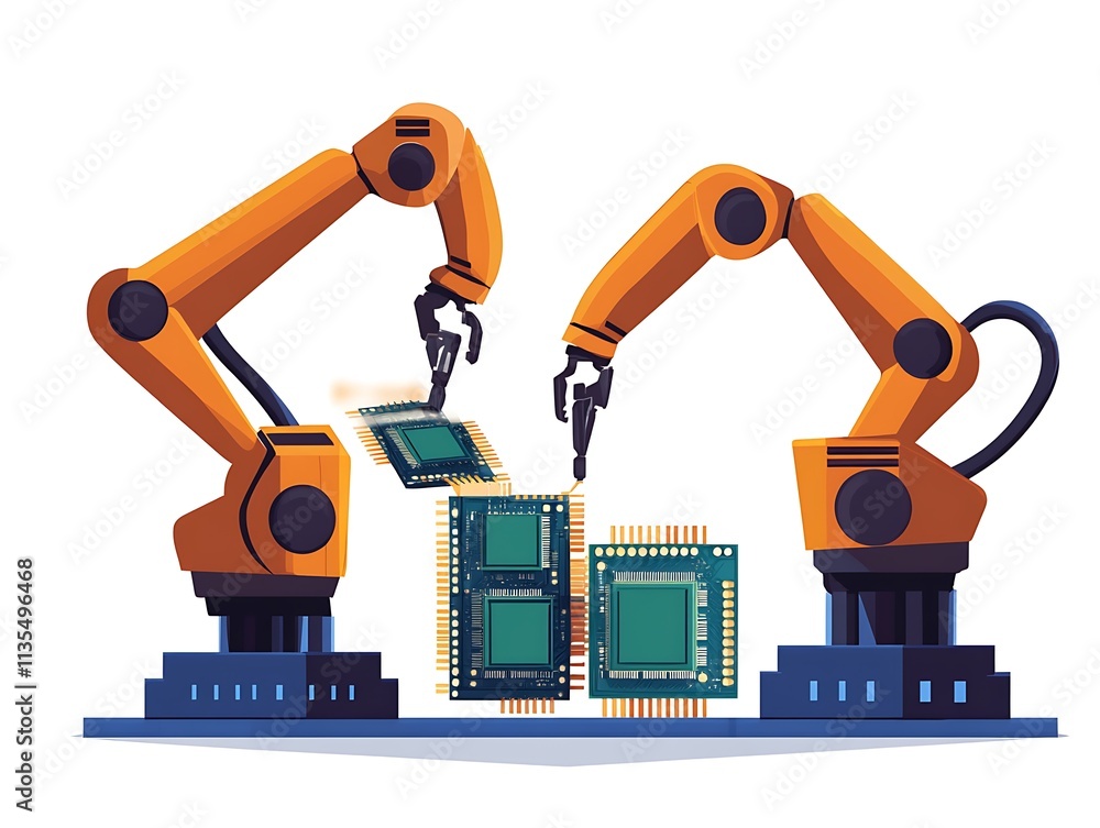 Poster automated manufacturing of circuit boards. robotic arms assembling electronic components.