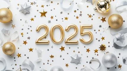 Happy New Year! Gold 2025 on white background with stars and ornaments.