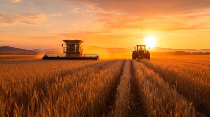 Fototapeta premium Combine harvester and tractor harvesting wheat at sunset.