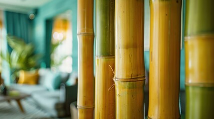 room divider made of yellow and green bamboo.