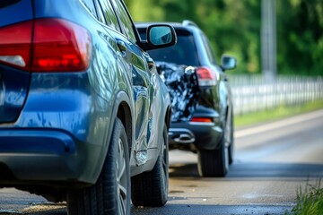 Close up of accident scene with crumpled blue car and black suv highlighting vehicle safety issues