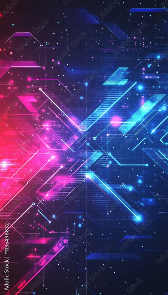 Poster futuristic abstract digital background with glowing arrows and geometric patterns for tech visuals