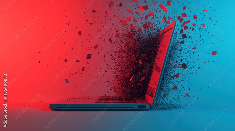 Fototapete a laptop appears to be exploding with colorful particles against a contrasting background, creating 