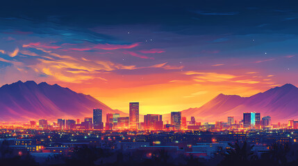 Stunning el paso skyline at dusk with vibrant sunset colors and city lights illuminating the view. Nightfall. Illustration